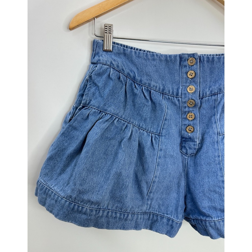 Bohme Blue Denim Tiered Ruffle Shorts Medium Wash Button Front High Rise Size M - Picture 4 of 13